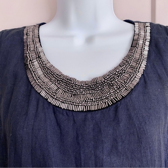 Lina Tomei Navy Blue Italy Linen Dress Large Beaded Neck Pocket Sleeveless - Picture 4 of 15